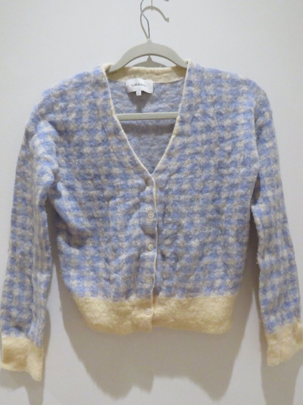 URAGO Wool Blend Gingham Check Cropped Cardigan Twee Cottagecore Coquette - Picture 2 of 11
